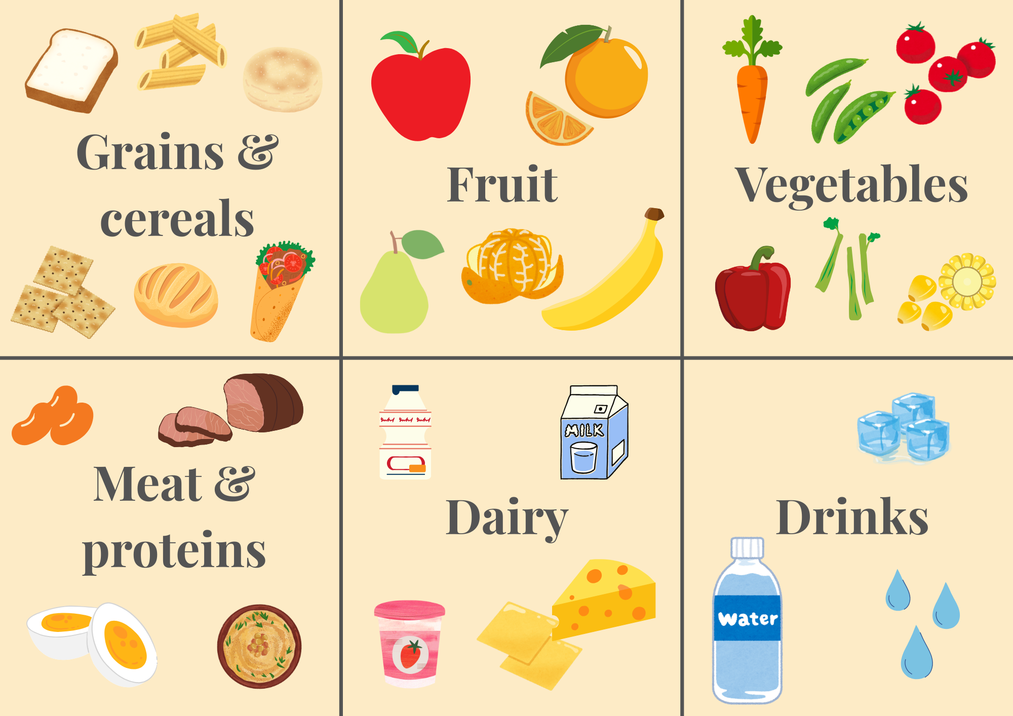 Printable lunchbox cards laid out, used to help kids pack a balanced lunchbox